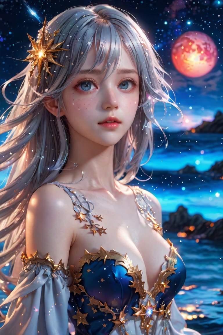 ((masterpiece)), ((best quality)), ((illustration)), extremely detailed,style girl, long shot, small breast,light grey very_long_hair, scifi hair ornaments, beautiful detailed deep eyes, beautiful detailed sky, beautifuldetailed water, cinematic lighting, dramatic angle, (very long sleeves), frills, formal, close to viewer, (an extremely delicate and beautiful),best quality,highres,official art,extremely detailed CG unity 8k wallpaper,  ((starry sky)), star river,array stars, Holy, noble, ((oil painting)) , ((wallpaper 8k CG)), (realistic), Concept Art, vary blue and red and orange and pink hard light, intricate light, dynamic hair, haircut, dynamic fuzziness, beautiful and aesthetic, intricate light, manga and anime,<lora:659095807385103906:1.0>