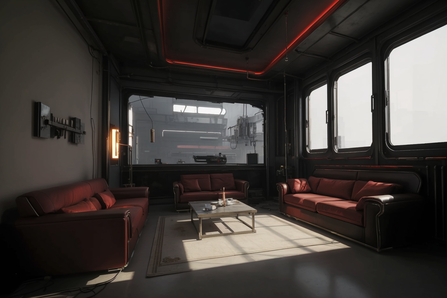  masterpiece, best quality
interior design view, sofa, tea table, light from french window, white wall, red carpet,(cyberpunk style:1.2), (machinery:1.1), apocalyptic scene,
