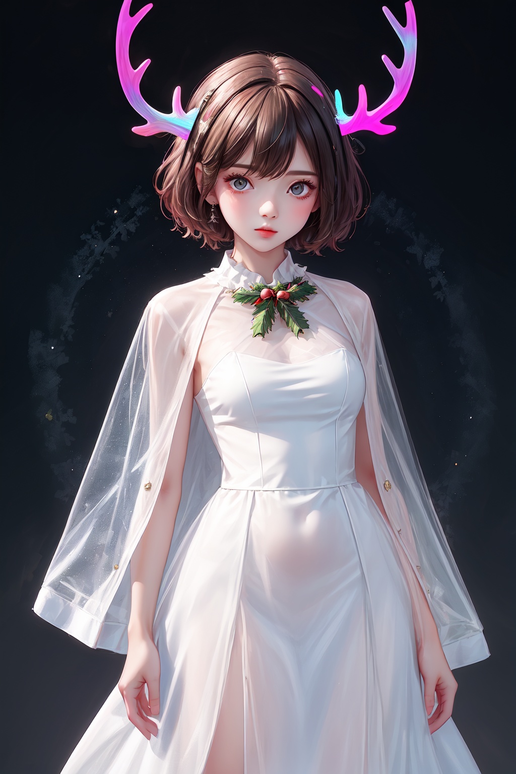  1girl,in the dark, short hair,flu,Fluorescent antlers,long dress, (((masterpiece,best quality))),see through, yinyou,christmas jacket,christmas theme,upper body,