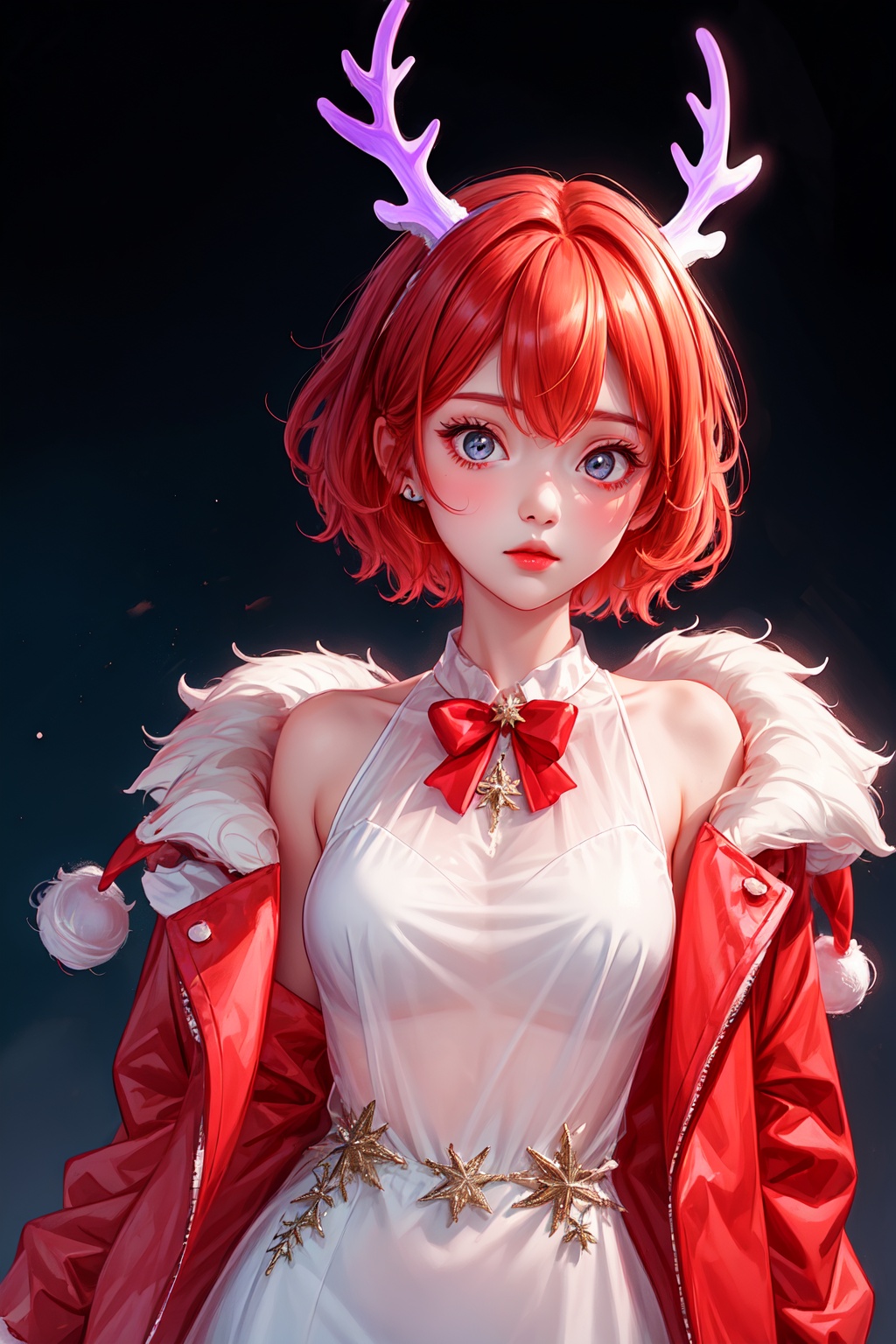  1girl,in the dark, short hair,flu,Fluorescent antlers,long dress, (((masterpiece,best quality))),see through, yinyou,christmas jacket,christmas theme,upper body,