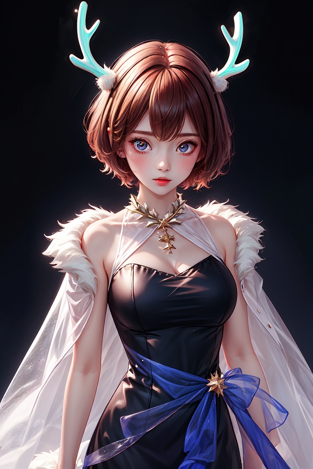  1girl,in the dark, short hair,flu,Fluorescent antlers,long dress, (((masterpiece,best quality))),see through, yinyou,christmas jacket,christmas theme,upper body,