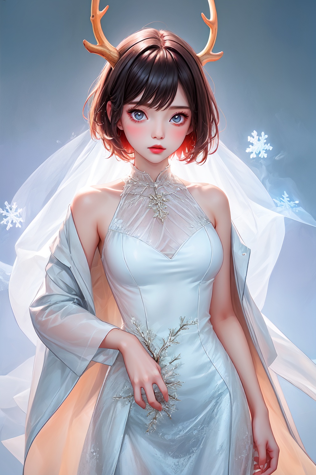  1girl,in the dark, short hair,flu,Fluorescent antlers,long dress, (((masterpiece,best quality))),see through, yinyou,christmas jacket,christmas theme,upper body,