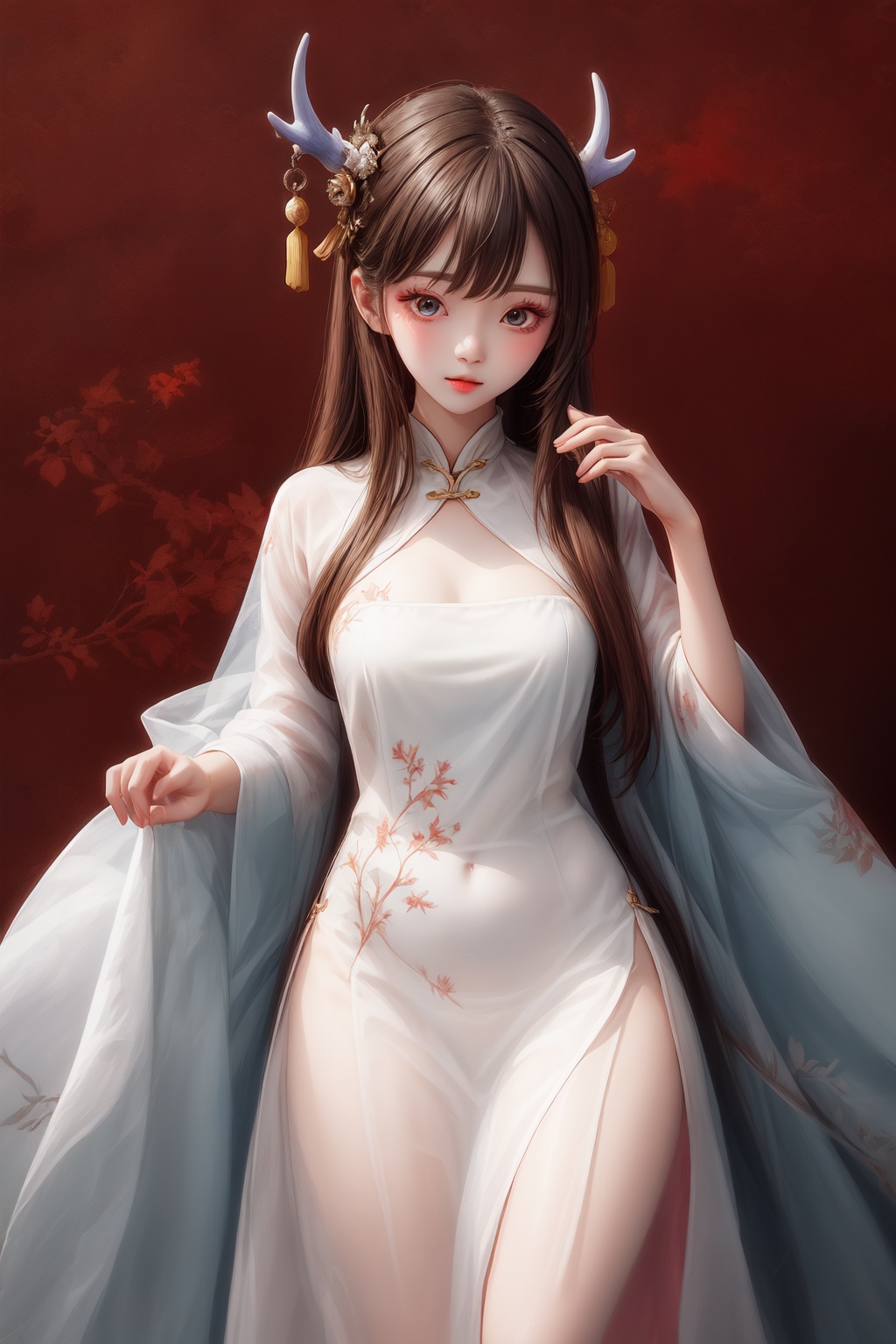  1girl,in the dark, shining hair,flu,Fluorescent antlers,long dress, (((masterpiece,best quality))),see through, yinyou,((chinese clothes theme)),upper body, hanfu