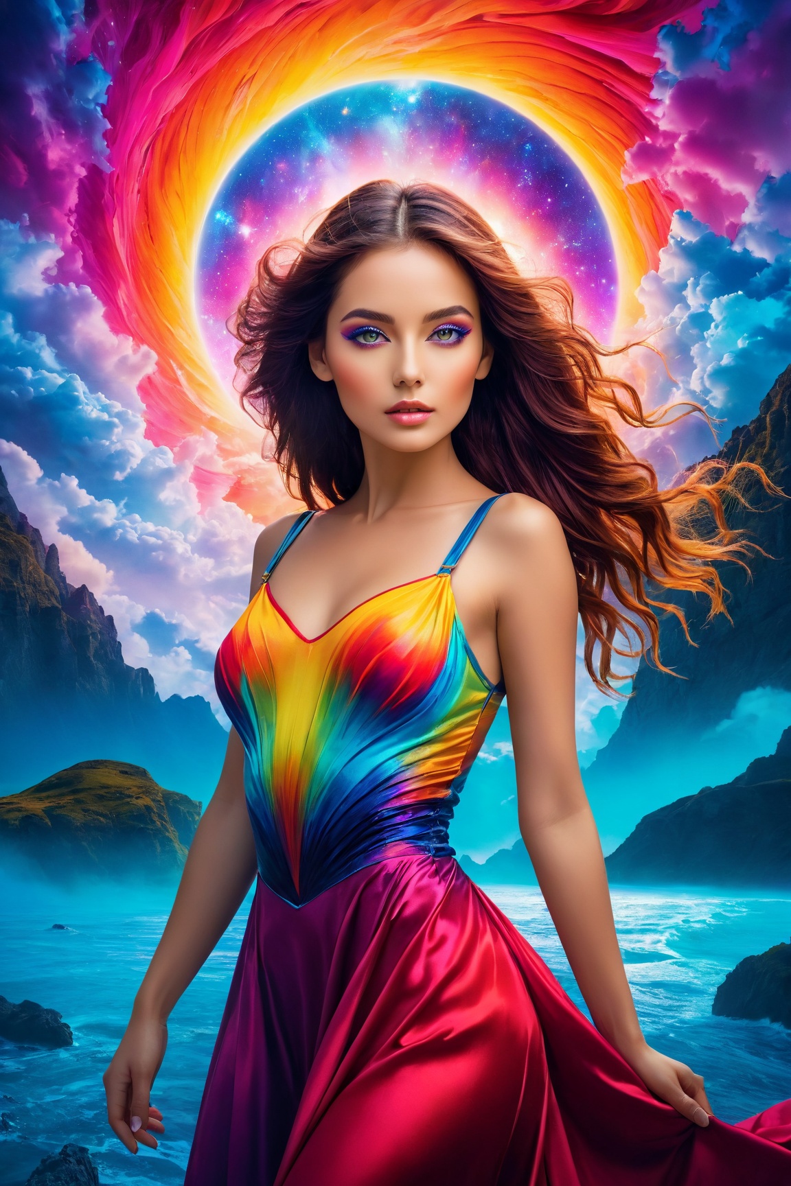 An extraordinary 8K photograph that transports a woman into a surreal,  dreamlike world of vibrant colors and dramatic lig...