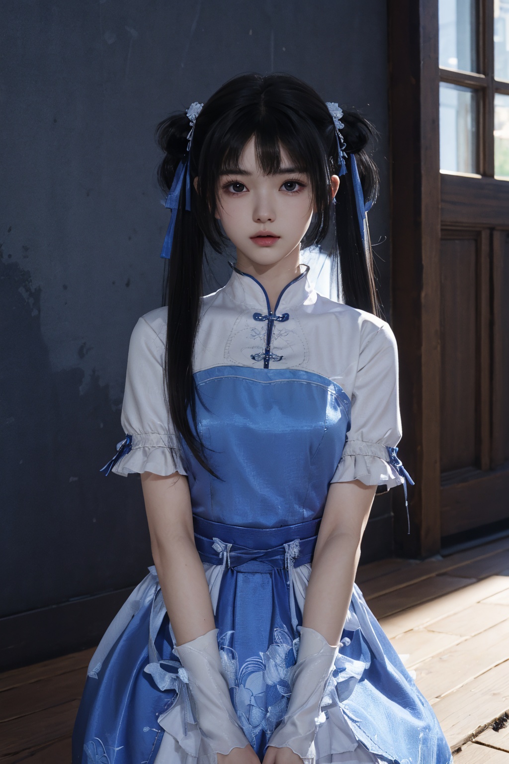 masterpiece,best quality,extremely detailed 8K wallpaper,1girl,zhaolinger,blue and white dress,twintails,bangs,black hair,