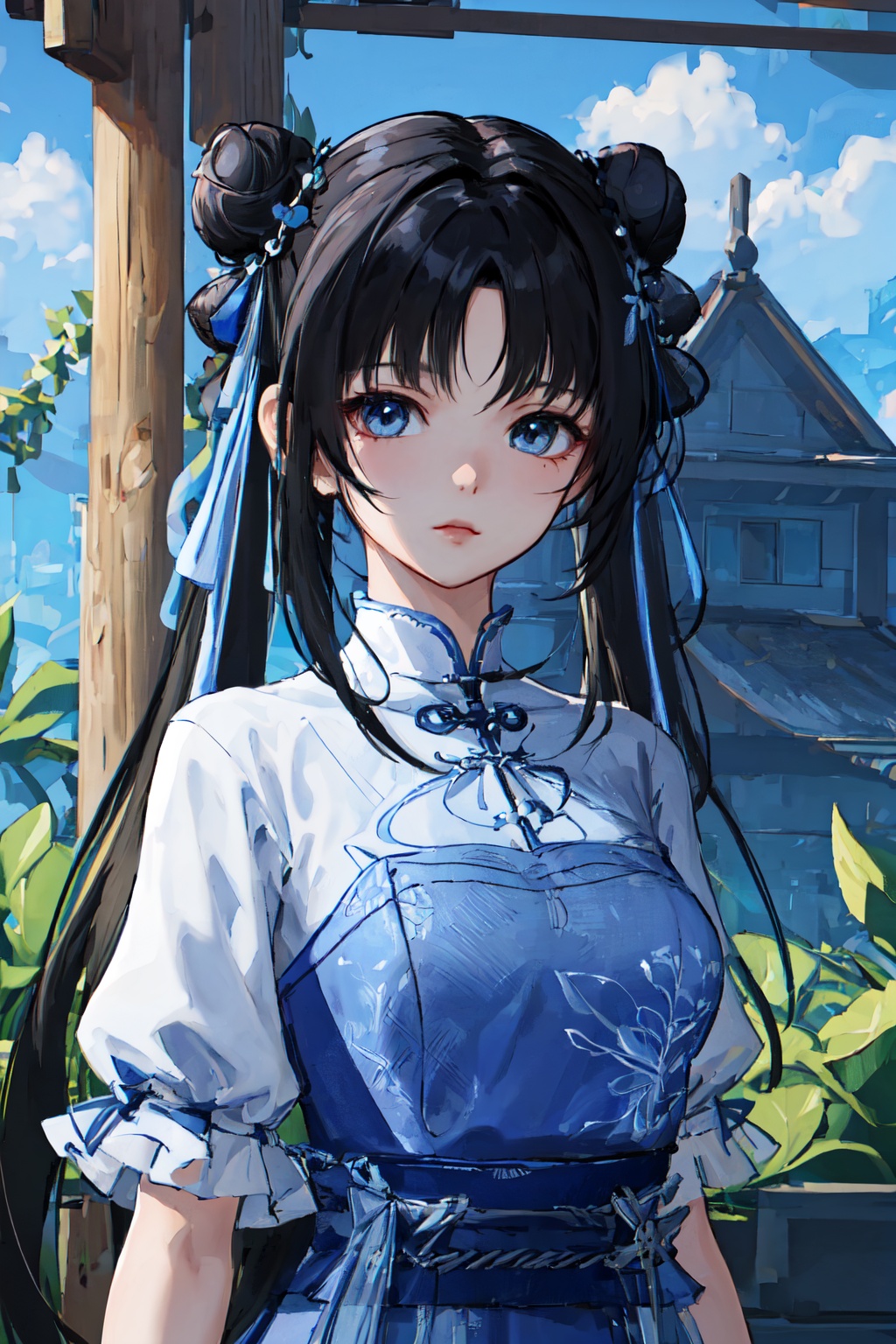 masterpiece,best quality,extremely detailed 8K wallpaper,1girl,zhaolinger,blue and white dress,hair bun,bangs,twintails,black hair,standing,looking at viewer,upper body,