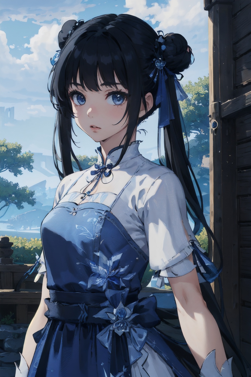 masterpiece,best quality,extremely detailed 8K wallpaper,1girl,zhaolinger,blue and white dress,hair bun,bangs,twintails,black hair,standing,looking at viewer,upper body,