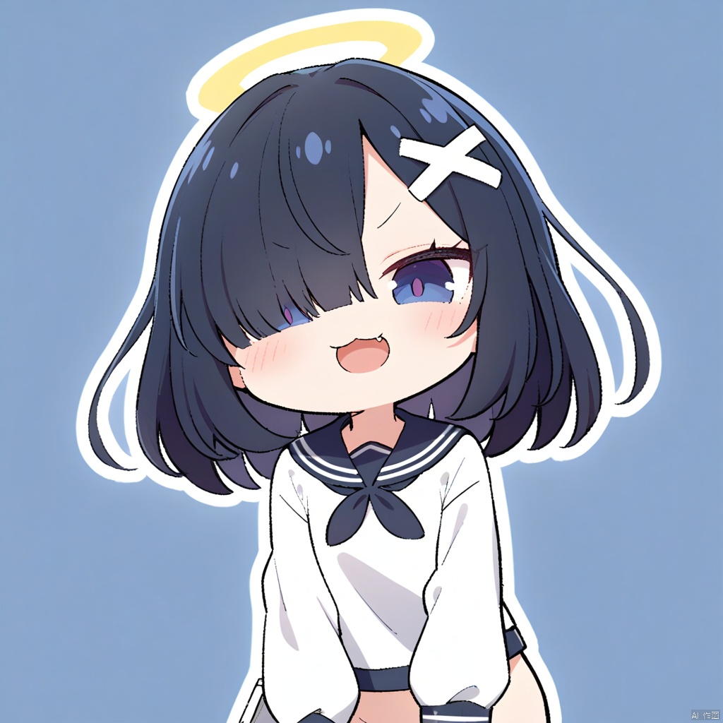 1girl,solo,:3,{{mesugaki}},naughty face,medium hair,halo,{x hair ornament white},[[hollow eyes]],dark blue eyes,dark blue hair,{hair over one eye},[perfect oval iris],long sleeves,long sailor collar,bottomless,, fang, open_mouth, chibi, cross_tie, smile, simple background, v-shaped_eyebrows, upper_body, half-closed_eyes, smug, looking_at_viewer, outline, :3, white_outline,
