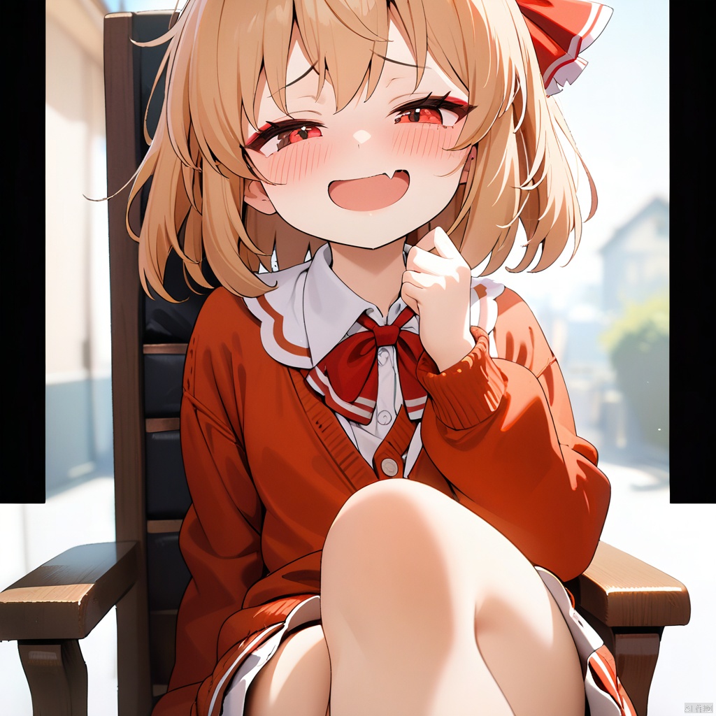 1girl, Rumia, masterpiece, best quality, solo, sitting on chair, crossed legs, pov, full body, hand up, detailed eyes, absurdres, extremely detailed, cardigan, rating: safe, perfect features, makeup, eyeliner, intricate details, ultra resolution image, laughing, fang, smug, 