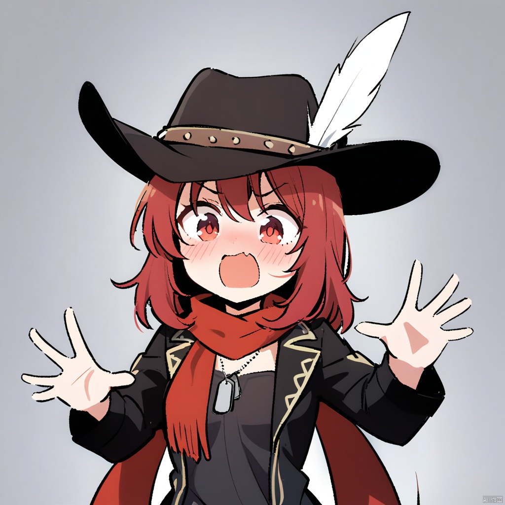 1girl, solo,red hair, black hat, Cowboy hat, hat feather,red scarf, black jacket, dog_tags,, ,white_background,simple_background, meme, solo, upper_body, passionate_expression, eager_to_convince, open_mouth, persuasive, animated_gestures, spreading_ideas, enthusiastic, zealous, preaching, missionary_zeal, trying_to_convert, sharing_opinions, animated_discussion, fervent_tone, hand_gestures, palms_open, inviting, inclusive, welcoming, open_armed, excited_to_share, belief_propagation, belief_in_eyes, conviction, no_hand_on_hip, meme_potential, relatable