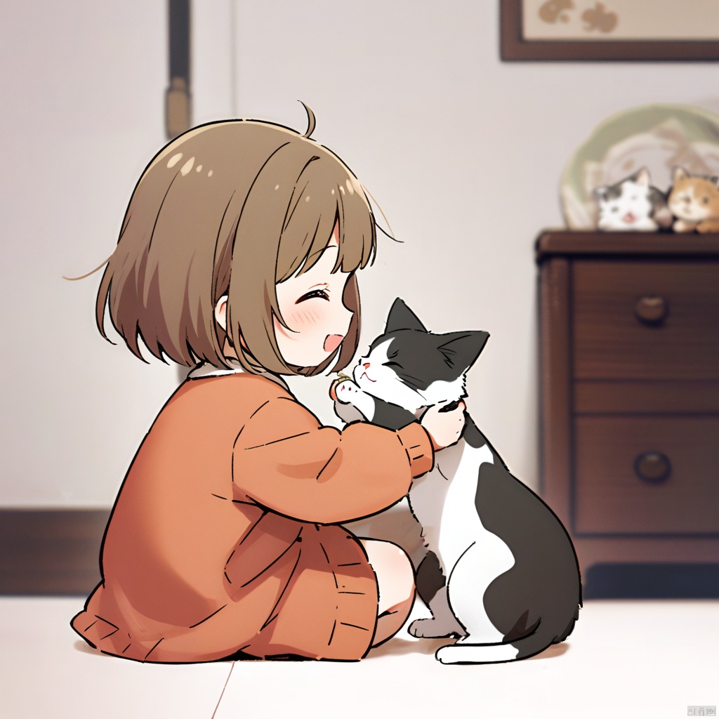 Mimi, cat, a very happy expression, (side view), (side view), avoiding the camera, holding its kitten in hand, child, short, 