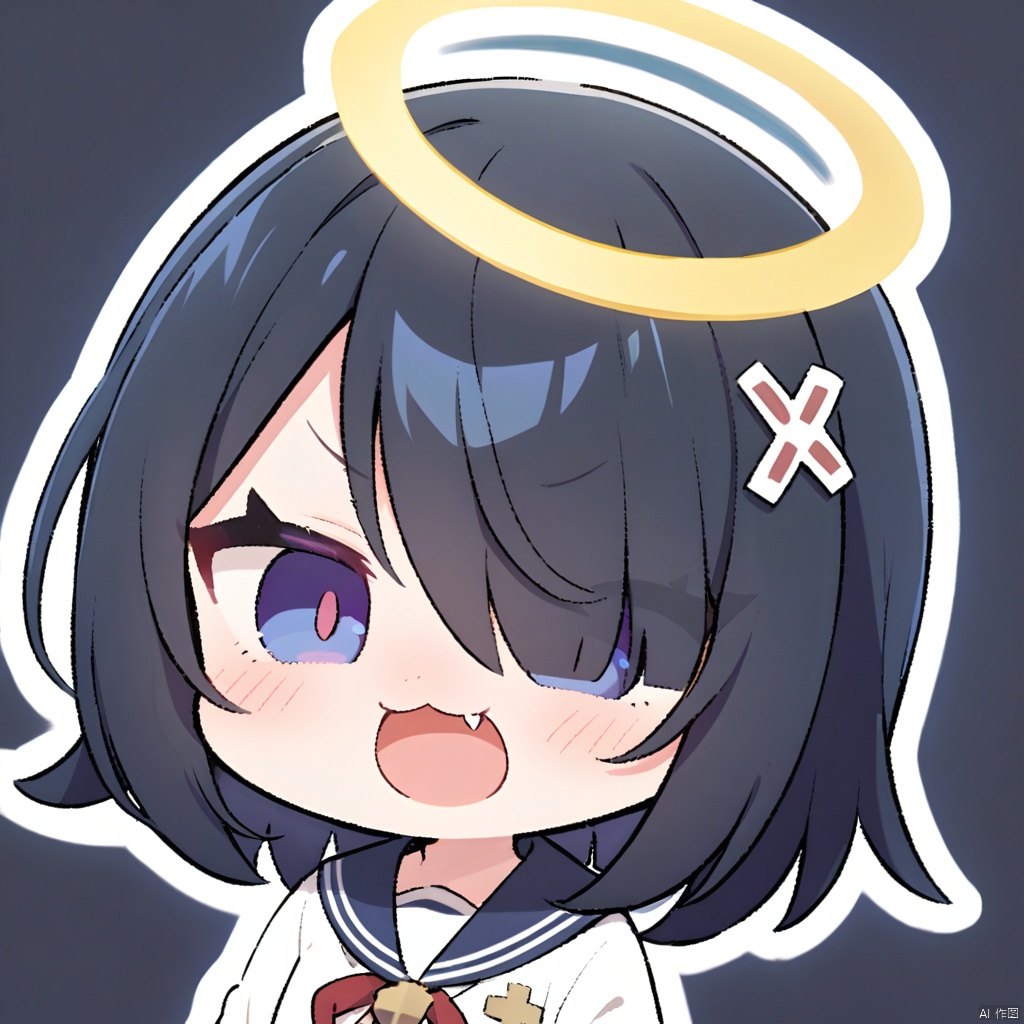 1girl,solo,:3,{{mesugaki}},naughty face,medium hair,halo,{x hair ornament white},[[hollow eyes]],dark blue eyes,dark blue hair,{hair over one eye},[perfect oval iris],long sleeves,long sailor collar,bottomless,, fang, open_mouth, chibi, cross_tie, smile, simple background, v-shaped_eyebrows, upper_body, half-closed_eyes, smug, looking_at_viewer, outline, :3, white_outline,
