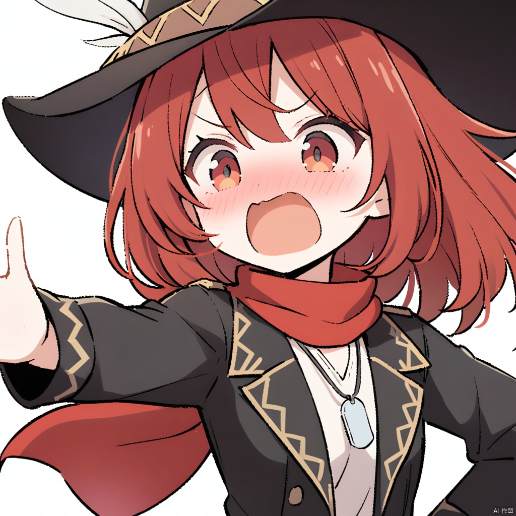 1girl, solo,red hair, black hat, Cowboy hat, hat feather,red scarf, black jacket, dog_tags,, ,white_background,simple_background, meme, solo, upper_body, passionate_expression, eager_to_convince, open_mouth, persuasive, animated_gestures, spreading_ideas, enthusiastic, zealous, preaching, missionary_zeal, trying_to_convert, sharing_opinions, animated_discussion, fervent_tone, hand_gestures, palms_open, inviting, inclusive, welcoming, open_armed, excited_to_share, belief_propagation, belief_in_eyes, conviction, no_hand_on_hip, meme_potential, relatable