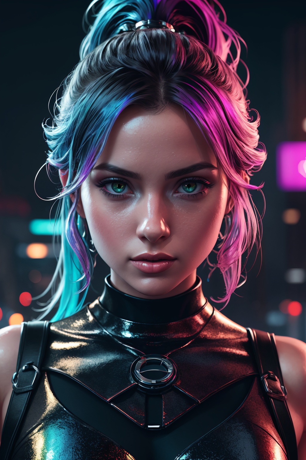 rainbow hair,  wearing metallic iridescent dress,  young round cute face on Tensor.Art