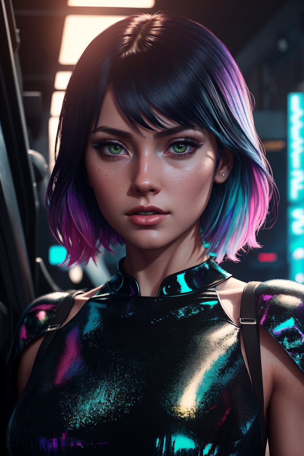 rainbow hair,  wearing metallic iridescent dress,  young round cute face on Tensor.Art