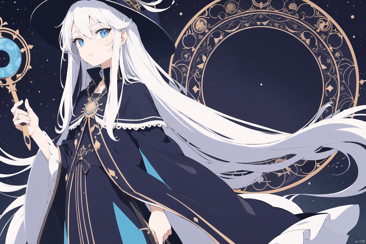  (flat color,limited palette,low contrast:1.2),(magic circle:1.2),Gorgeous,Elegant,Bohemian style,1girl,loli,catgirl,Magician,Warlock,(Staff), lace Magic Robe,(Sapphire Necklace),White Hair,very long hair,blue eyes,Wizard Hat,(Raven),Forest Mountain Background,looking at viewer,\nmasterpiece,best quality,high quality,highres,absurdres,printing,
