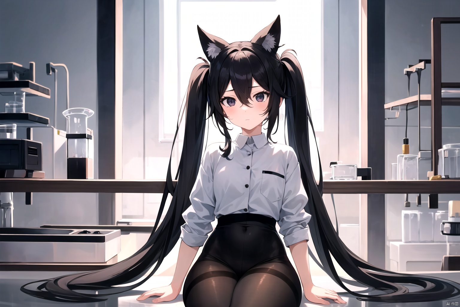 1girl,black eyes, black hair, very long hair, hair intakes, hair between eyes, stare, laboratory, twintails, pantyhose, sitting, expressionless, narrow waist,