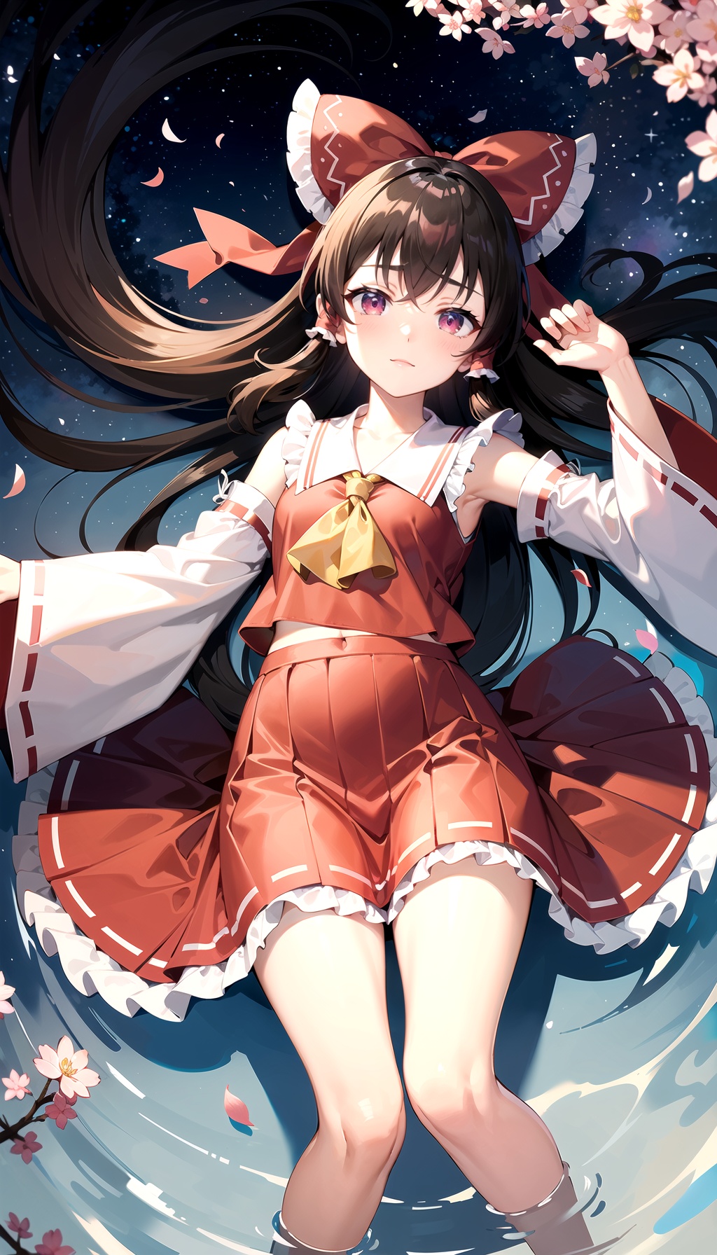  masterpiece, ultra detailed,((from above ,socks, lying, underwater, floating hair, starry sky reflection, floating sakura petals, rippling)),[half closed eyes],(pink eyes),(high contrast:0.8),1girl,solo, hakurei_reimu, hair_tubes, detached_sleeves, solo, bow, long_hair, frills, ribbon_trim, red_bow, hair_bow, ribbon-trimmed_sleeves, wide_sleeves, red_skirt, skirt, looking_at_viewer, ascot, stairs, frilled_bow,black_hair,, 