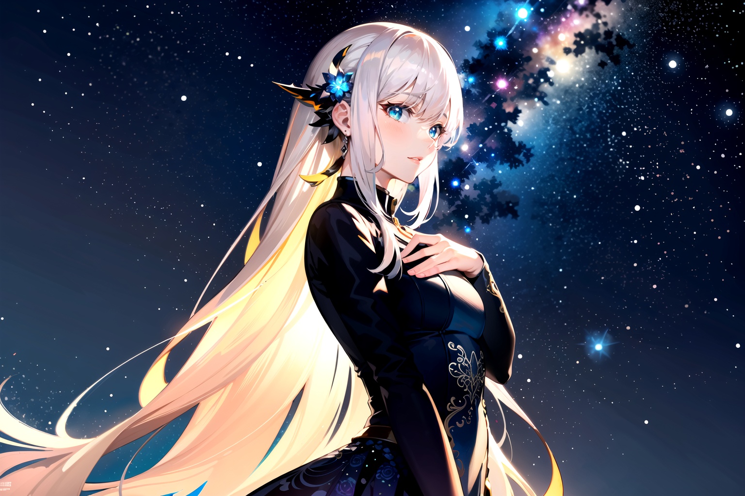 ((masterpiece)), ((best quality)), ((illustration)), extremely detailed,style girl, long shot, small breast,light grey very_long_hair, scifi hair ornaments, beautiful detailed deep eyes, beautiful detailed sky, beautifuldetailed water, cinematic lighting, dramatic angle, (very long sleeves), frills, formal, close to viewer, (an extremely delicate and beautiful),best quality,highres,official art,extremely detailed CG unity 8k wallpaper,  ((starry sky)), star river,array stars, Holy, noble, ((oil painting)) , ((wallpaper 8k CG)), (realistic), Concept Art, vary blue and red and orange and pink hard light, intricate light, dynamic hair, haircut, dynamic fuzziness, beautiful and aesthetic, intricate light, manga and anime