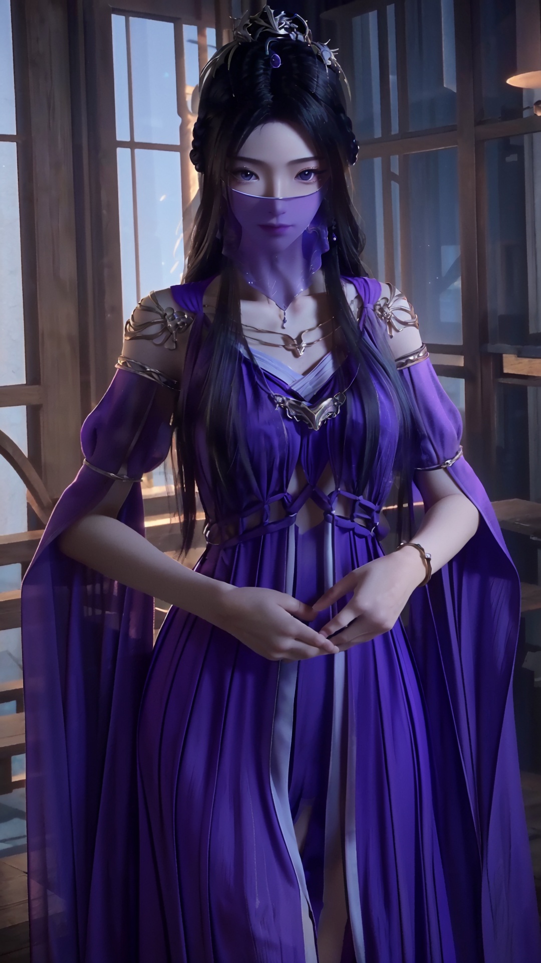  masterpiece,best quality,1girl, veil, dress, solo, black hair, jewelry, mouth veil, hair ornament, long hair, bracelet, purple dress, purple  eyes, cowboy shot, dynamic pose, dynamic angle,