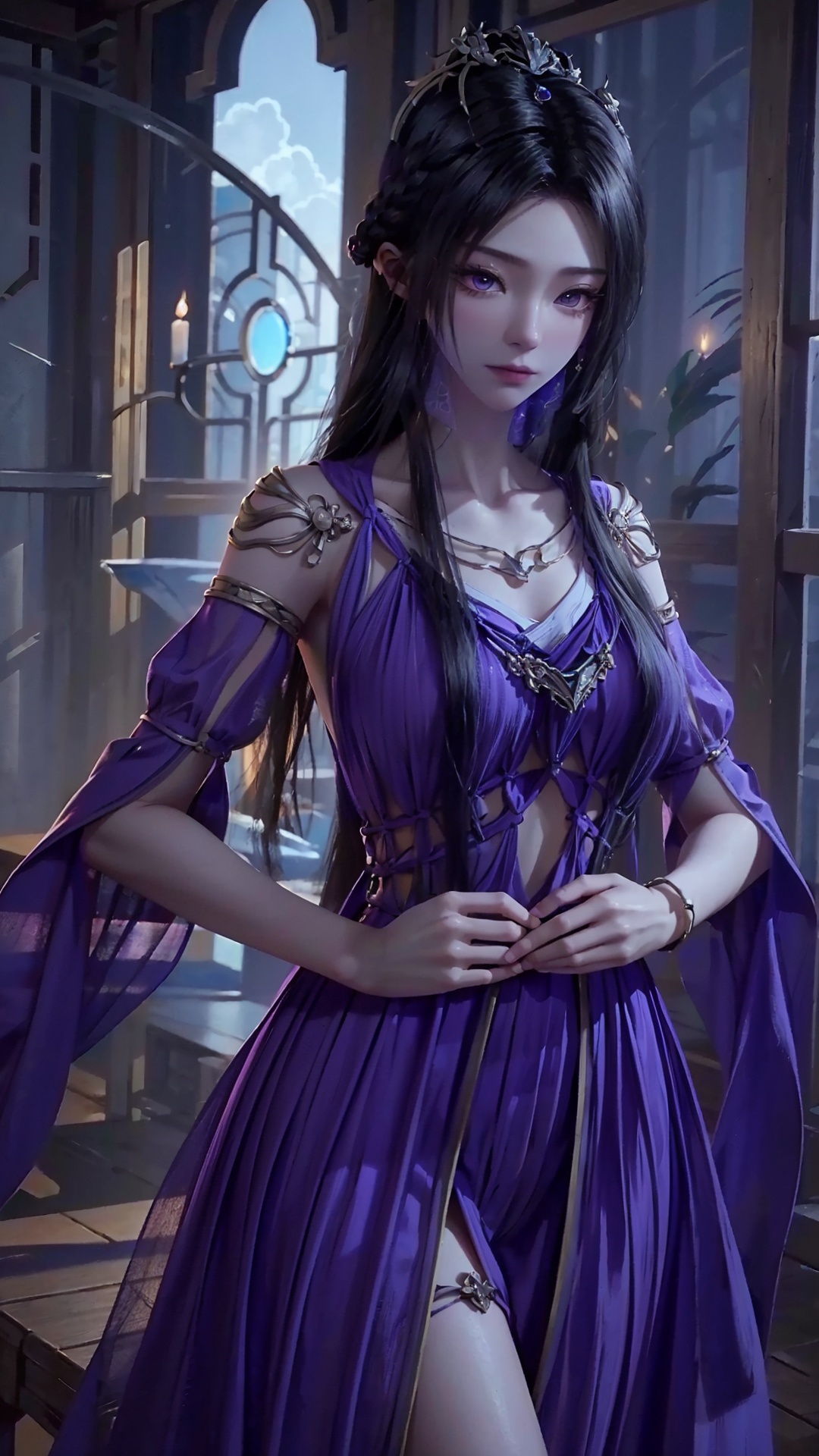  masterpiece,best quality,1girl, veil, dress, solo, black hair, jewelry, mouth veil, hair ornament, long hair, bracelet, purple dress, purple eyes, cowboy shot, dynamic pose, dynamic angle,