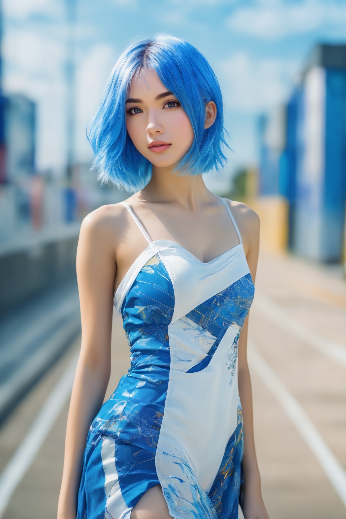 half body portrait of a European-hankook blue hair girl,  17 years old,  by yoshitaka amano on Tensor.Art