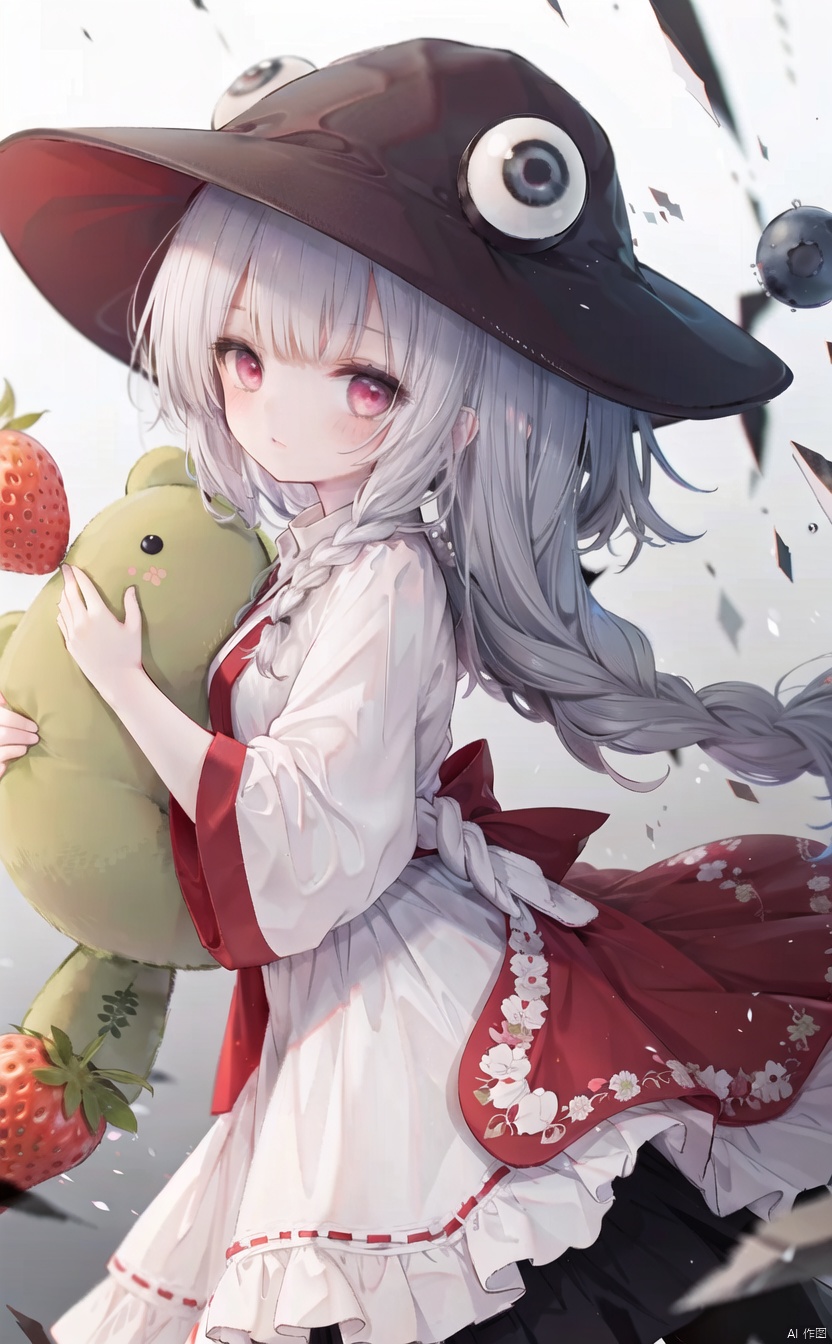 (reflection,reflection,reflection,cowboy shot,very long hair,4349,moriya suwako,hat,moriya suwako,hat,moriya suwako,hat:1),1girl,solo,long hair,dress,food,lying,fruit,teddy bear,stuffed animal,on back,stuffed toy,braid,striped,blueberry,ribbon,looking at viewer,bow,very long hair,strawberry,striped pantyhose,bangs,pink hair,vertical stripes,red eyes,orange slice,frills,hair bow,white hair,