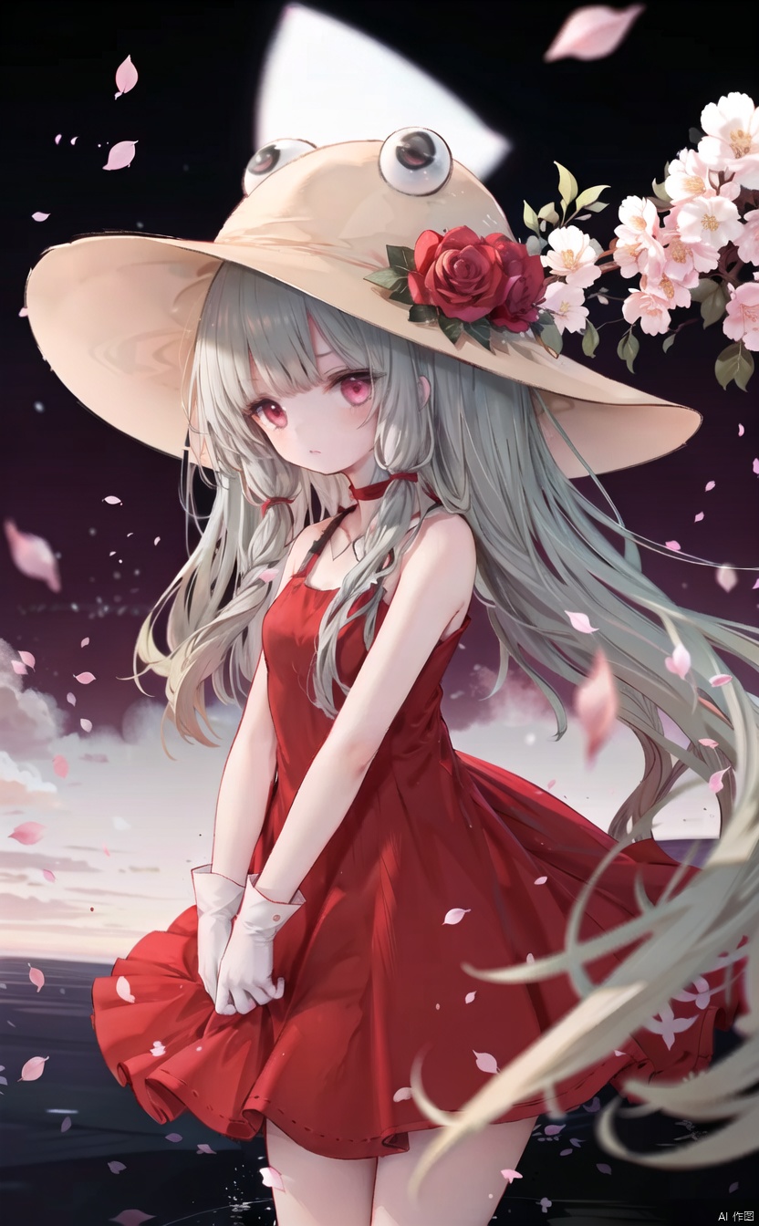 (reflection,reflection,reflection,cowboy shot,very long hair,4349,moriya suwako,hat,moriya suwako,hat,moriya suwako,hat:1),1girl,solo,long hair,dress,red eyes,very long hair,petals,red theme,flower,red dress,rose,choker,gloves,