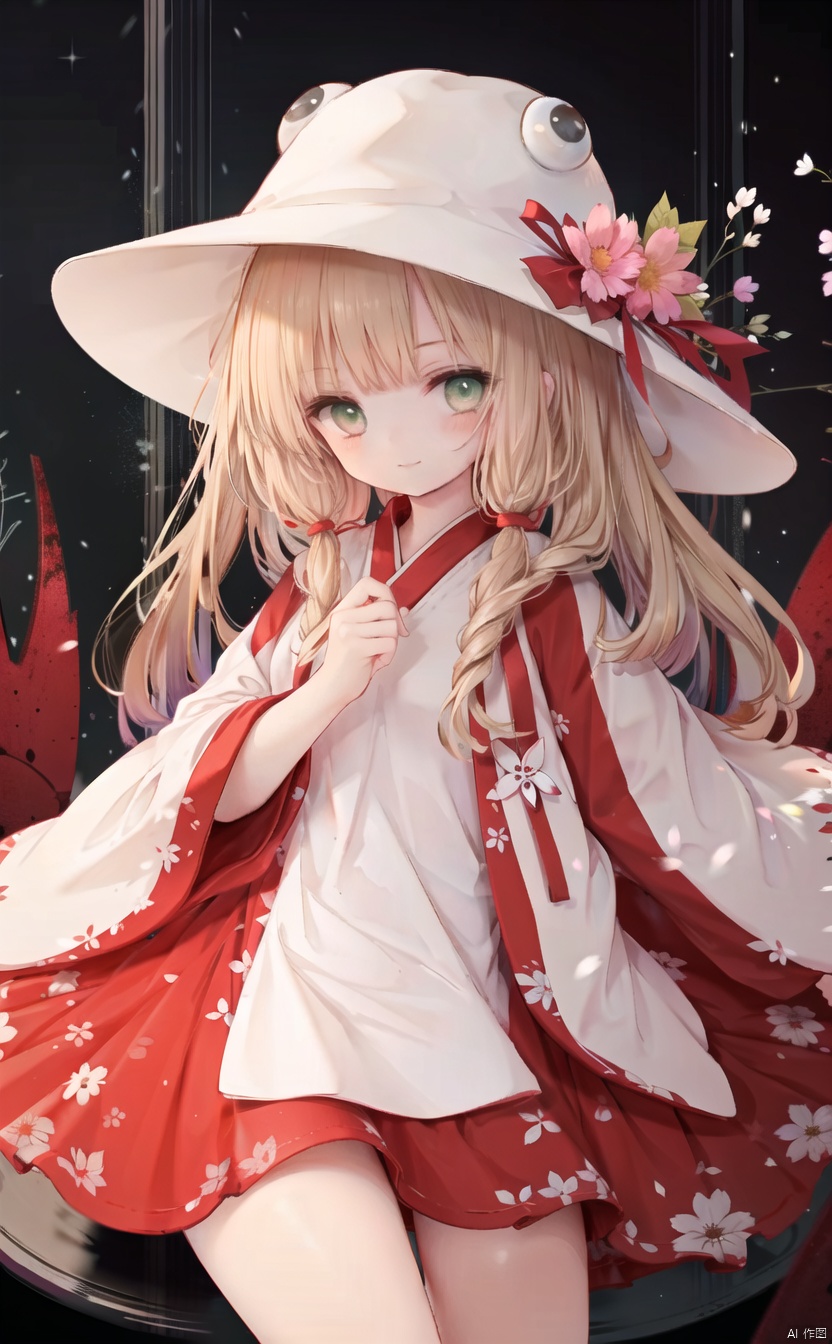 (reflection,reflection,reflection,cowboy shot,very long hair,4349,moriya suwako,hat,moriya suwako,hat,moriya suwako,hat:1),1girl,solo,green eyes,stuffed animal,stuffed toy,long hair,teddy bear,dress,flower,ribbon,blonde hair,hair ornament,sitting,red theme,smile,