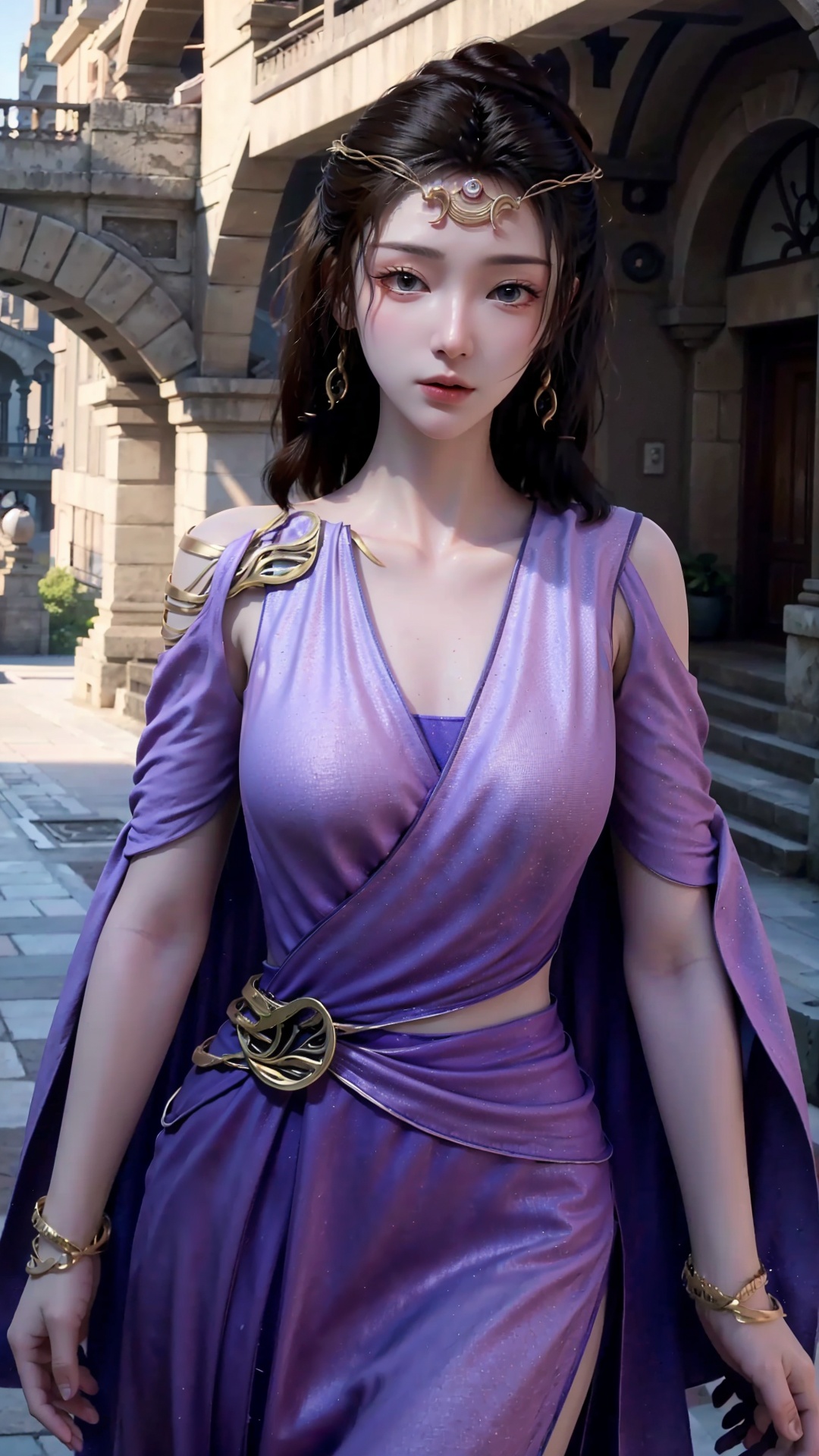  masterpiece,best quality,1girl, jewelry, solo, earrings, dress, bracelet, black hair, purple dress, long hair, grey eyes, cowboy shot, dynamic pose, dynamic angle,