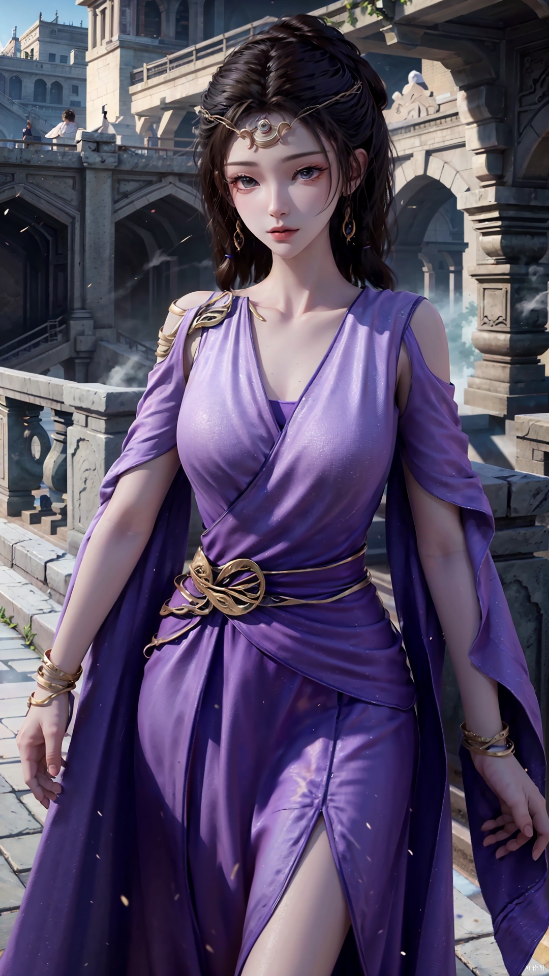 masterpiece,best quality,1girl, jewelry, solo, earrings, dress, bracelet, black hair, purple dress, long hair, grey eyes, cowboy shot, dynamic pose, dynamic angle,