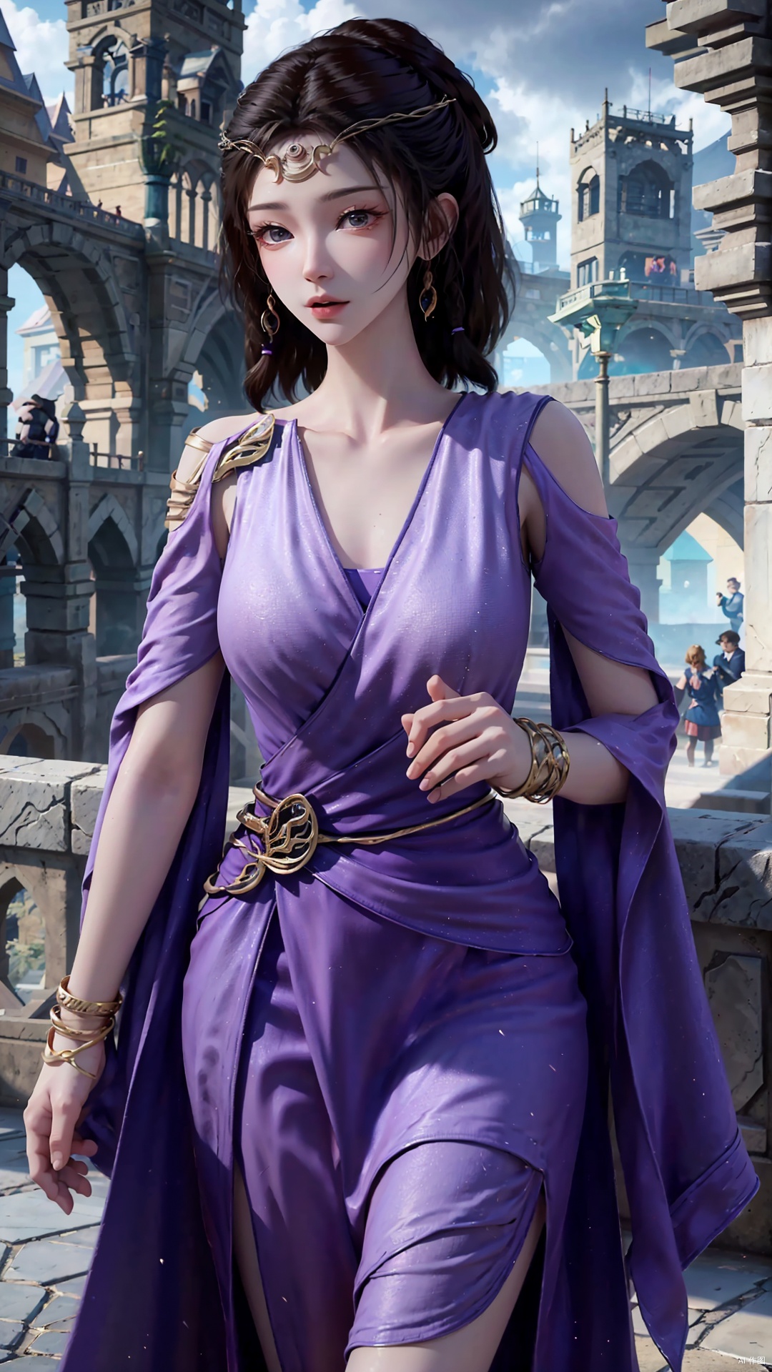  masterpiece,best quality,1girl, jewelry, solo, earrings, dress, bracelet, black hair, purple dress, long hair, grey eyes, cowboy shot, dynamic pose, dynamic angle,
