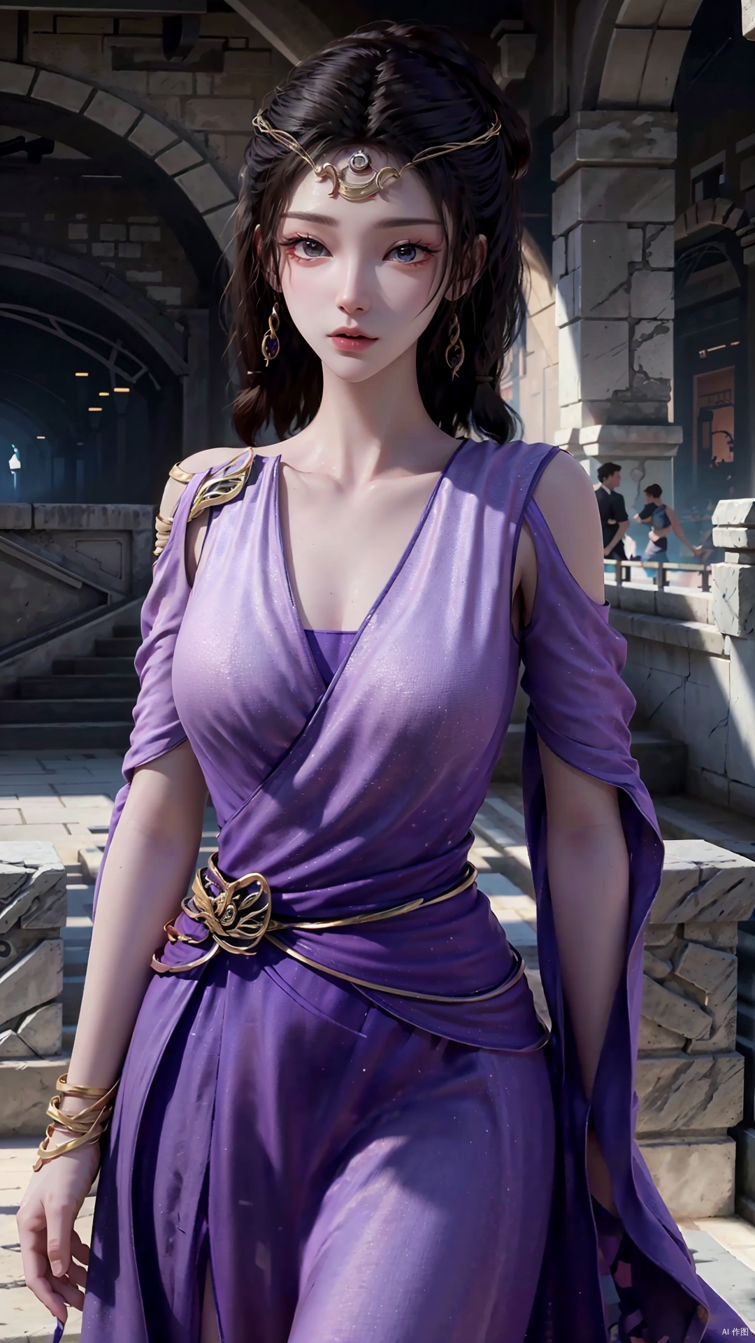  masterpiece,best quality,1girl, jewelry, solo, earrings, dress, bracelet, black hair, purple dress, long hair, grey eyes, cowboy shot, dynamic pose, dynamic angle,