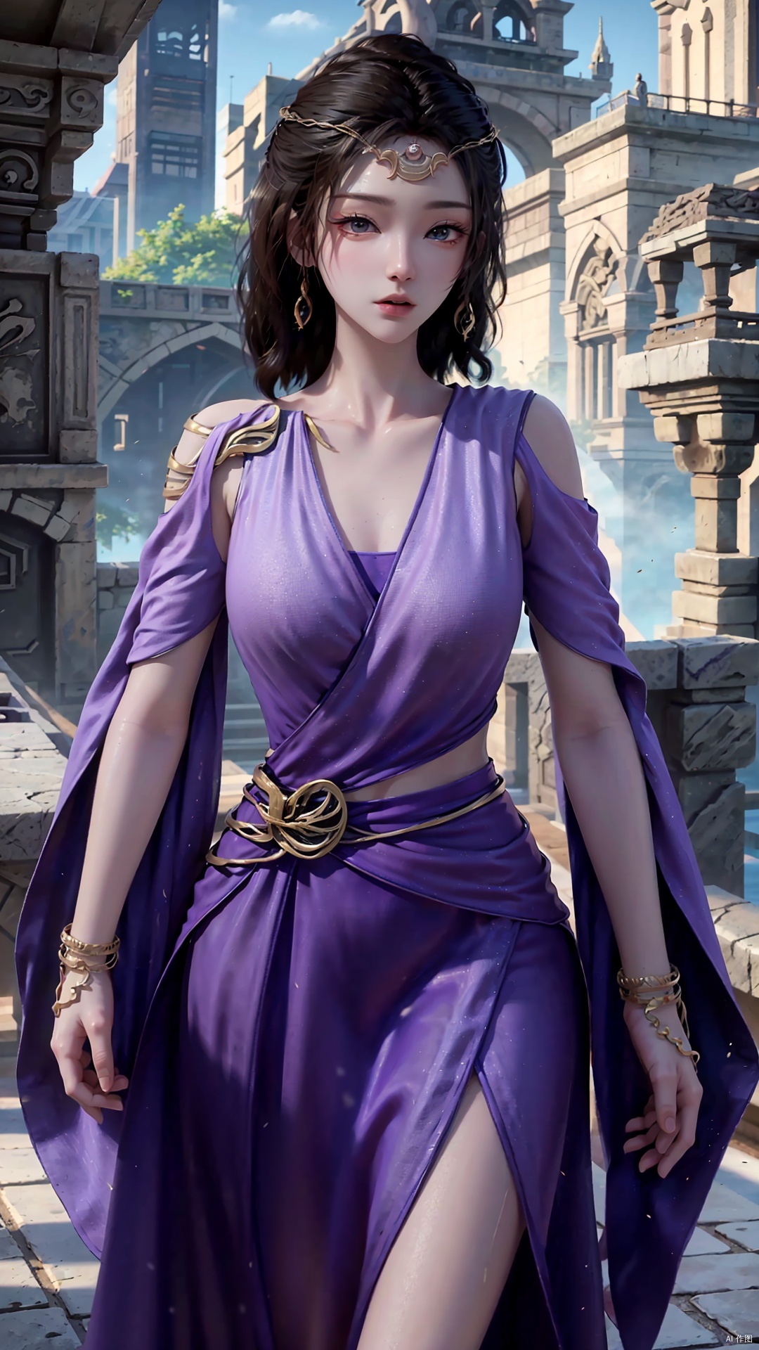  masterpiece,best quality,1girl, jewelry, solo, earrings, dress, bracelet, black hair, purple dress, long hair, grey eyes, cowboy shot, dynamic pose, dynamic angle,