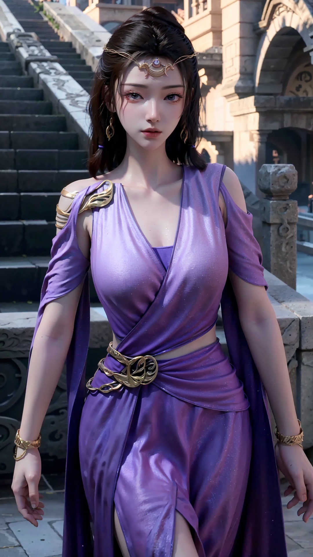  masterpiece,best quality,1girl, jewelry, solo, earrings, dress, bracelet, black hair, purple dress, long hair, grey eyes, cowboy shot, dynamic pose, dynamic angle,