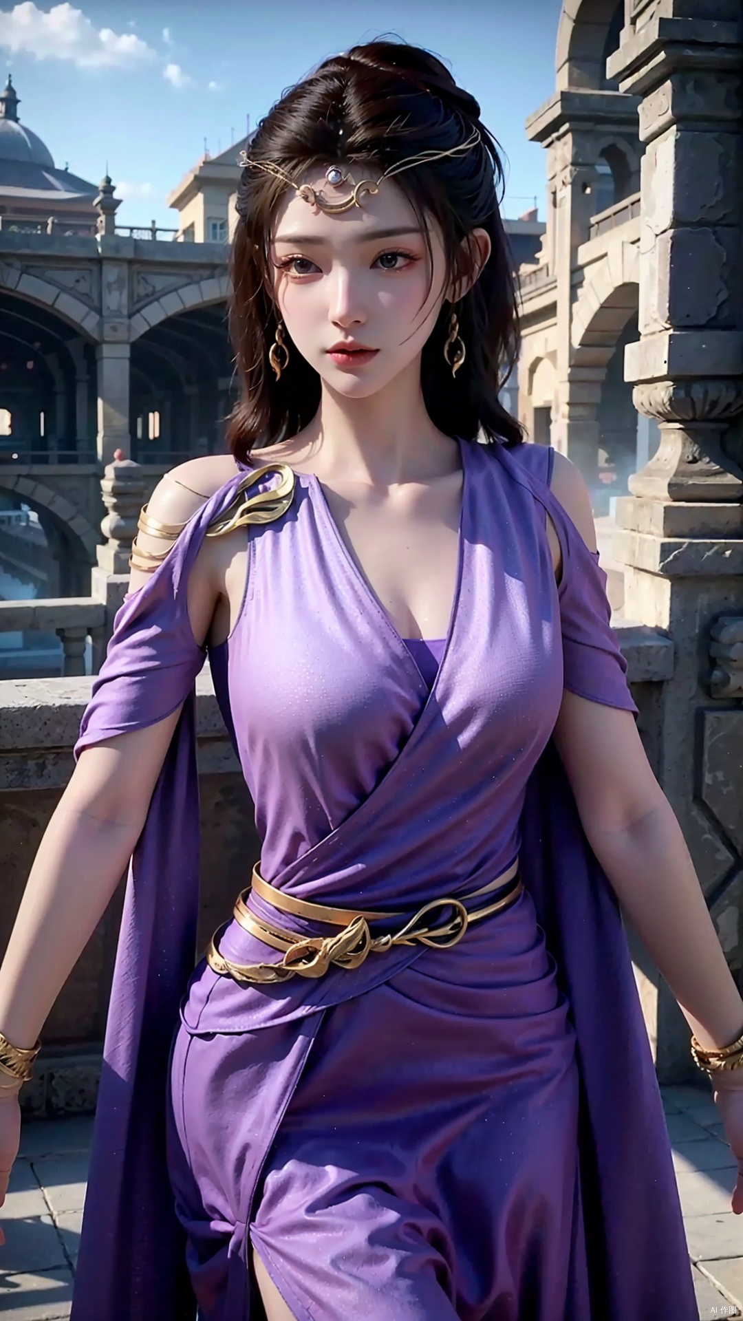  masterpiece,best quality,1girl, jewelry, solo, earrings, dress, bracelet, black hair, purple dress, long hair, grey eyes, cowboy shot, dynamic pose, dynamic angle,
