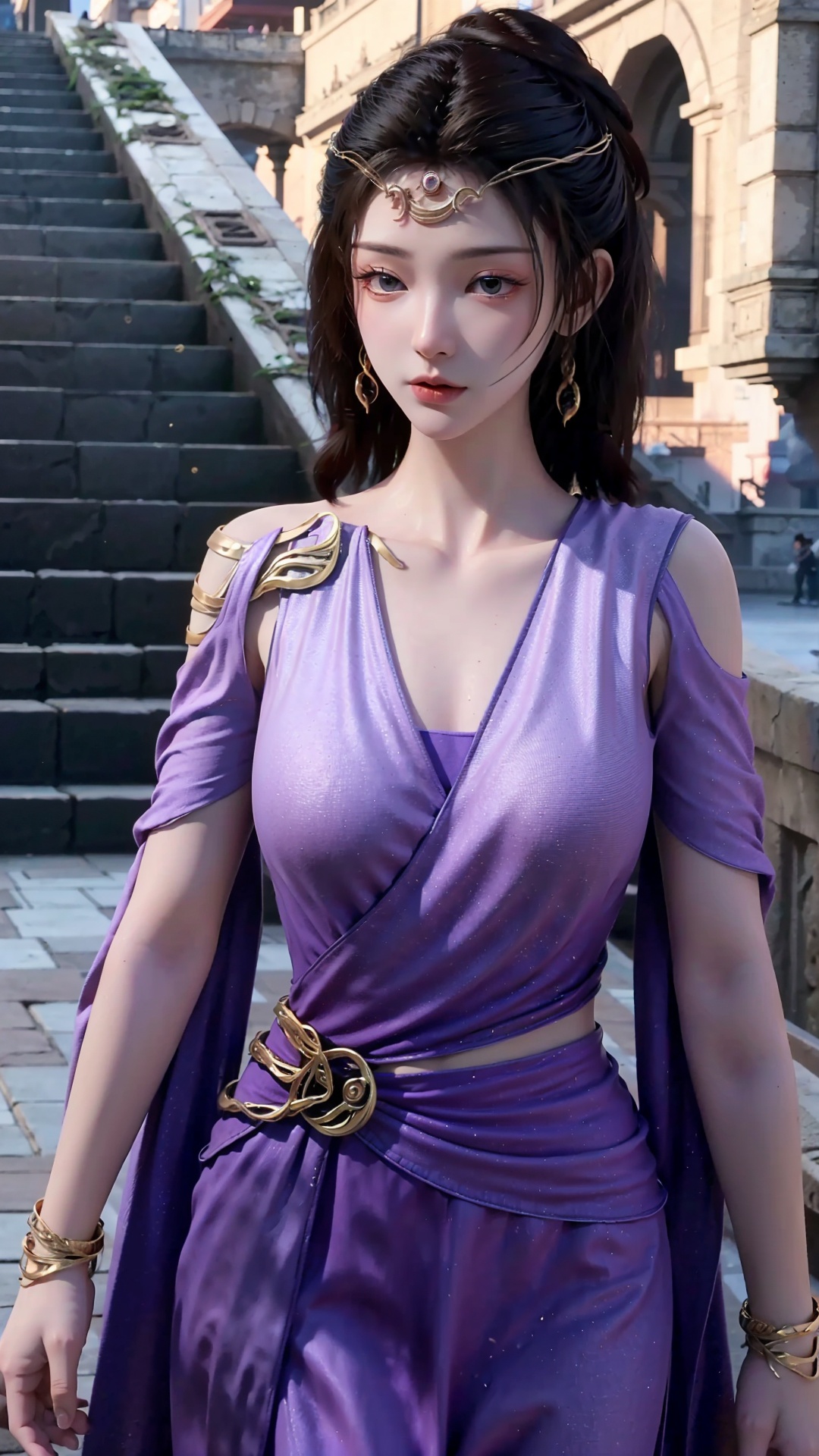  masterpiece,best quality,1girl, jewelry, solo, earrings, dress, bracelet, black hair, purple dress, long hair, grey eyes, cowboy shot, dynamic pose, dynamic angle,