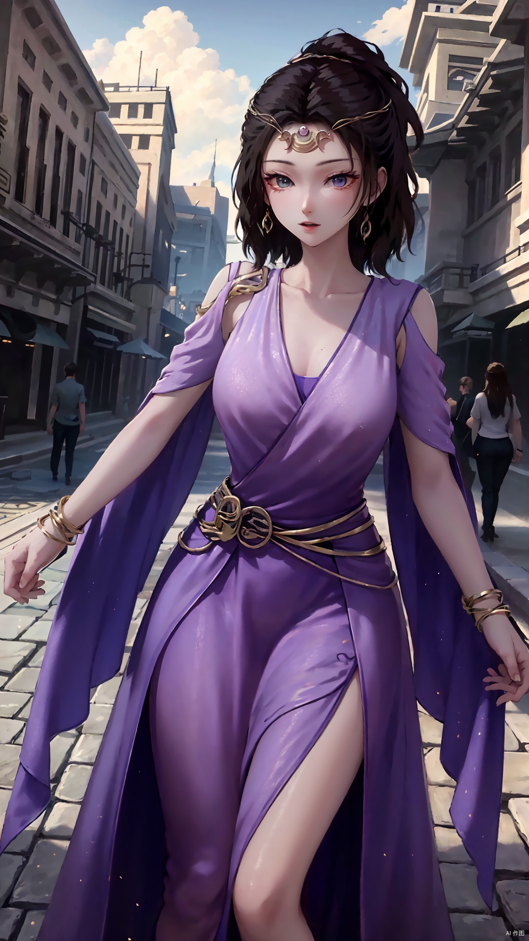  masterpiece,best quality,1girl, jewelry, solo, earrings, dress, bracelet, black hair, purple dress, long hair, grey eyes, cowboy shot, dynamic pose, dynamic angle,