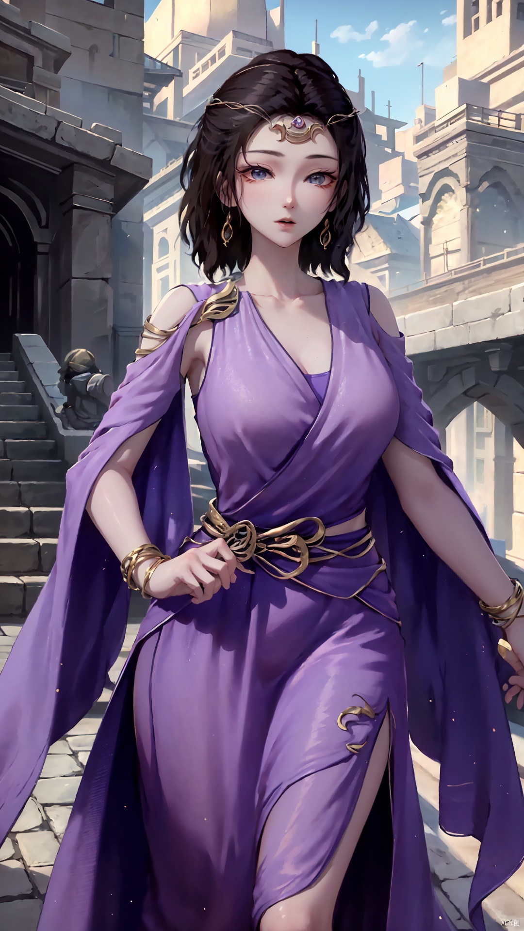  masterpiece,best quality,1girl, jewelry, solo, earrings, dress, bracelet, black hair, purple dress, long hair, grey eyes, cowboy shot, dynamic pose, dynamic angle,