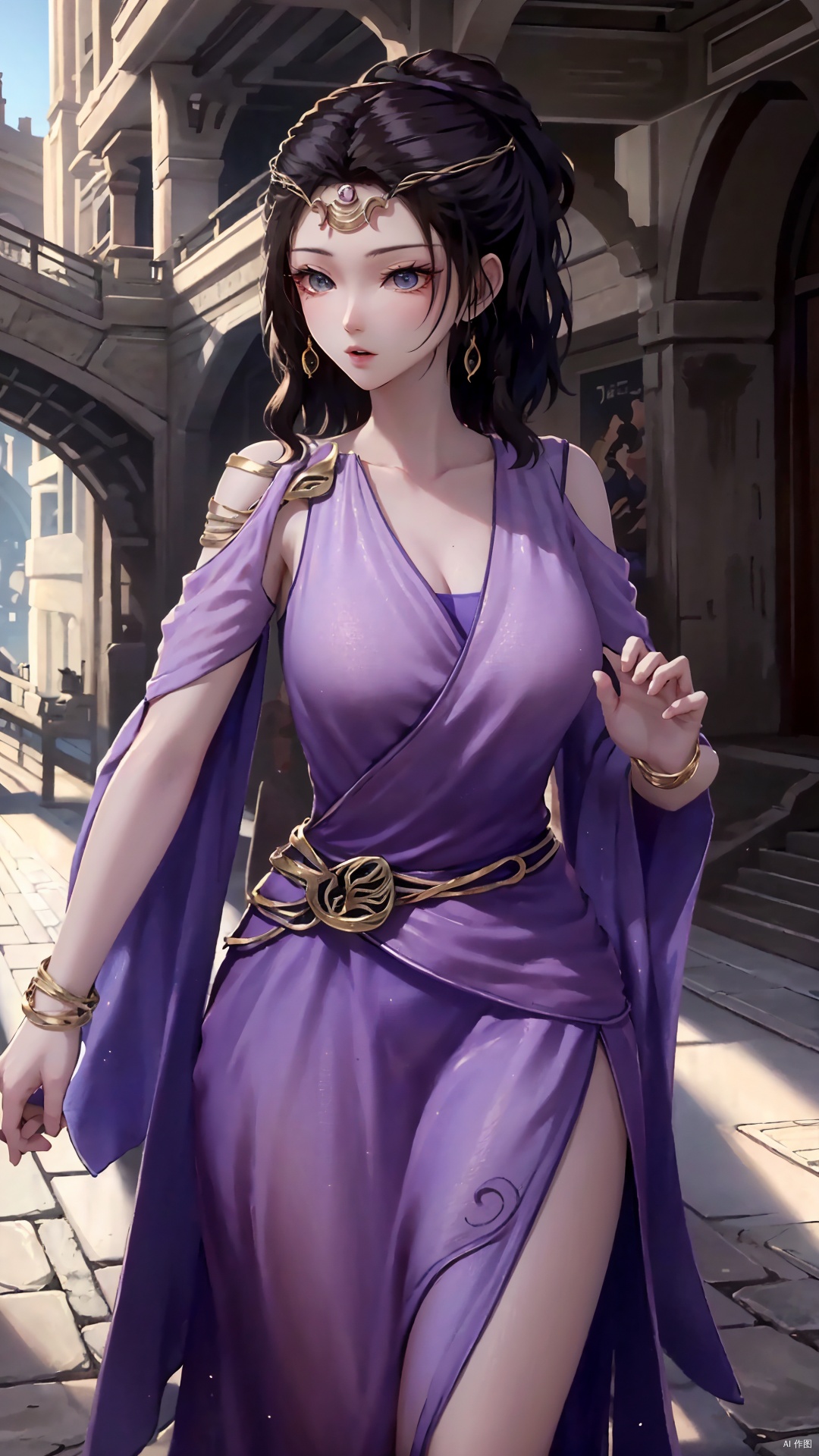  masterpiece,best quality,1girl, jewelry, solo, earrings, dress, bracelet, black hair, purple dress, long hair, grey eyes, cowboy shot, dynamic pose, dynamic angle,