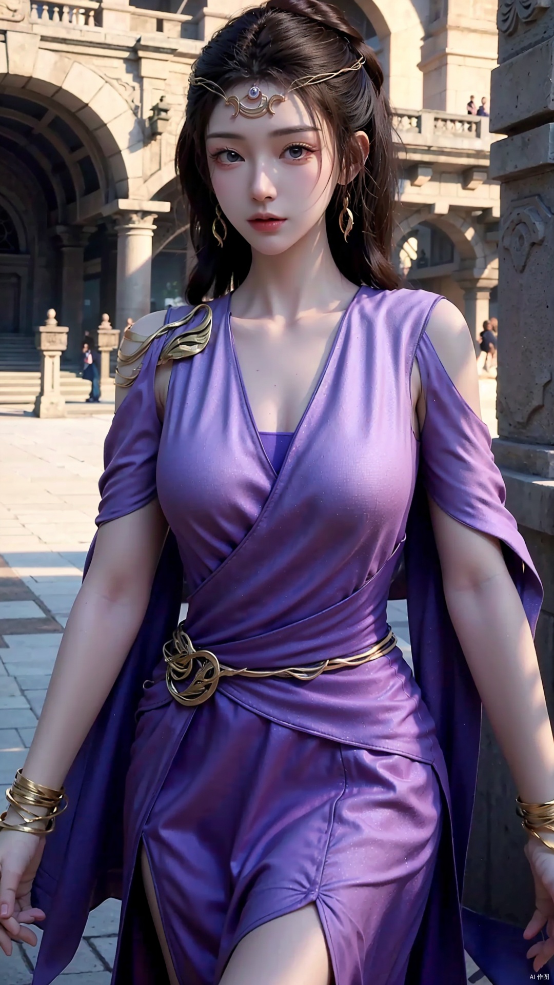  masterpiece,best quality,1girl, jewelry, solo, earrings, dress, bracelet, black hair, purple dress, long hair, grey eyes, cowboy shot, dynamic pose, dynamic angle,