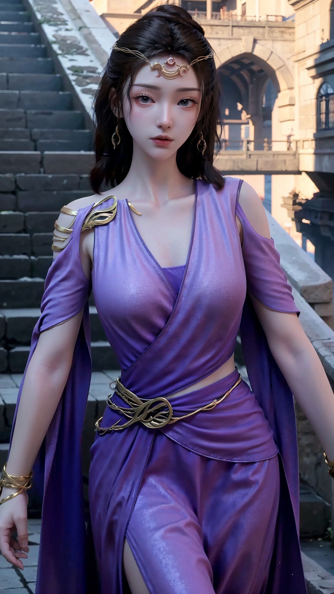  masterpiece,best quality,1girl, jewelry, solo, earrings, dress, bracelet, black hair, purple dress, long hair, grey eyes, cowboy shot, dynamic pose, dynamic angle,