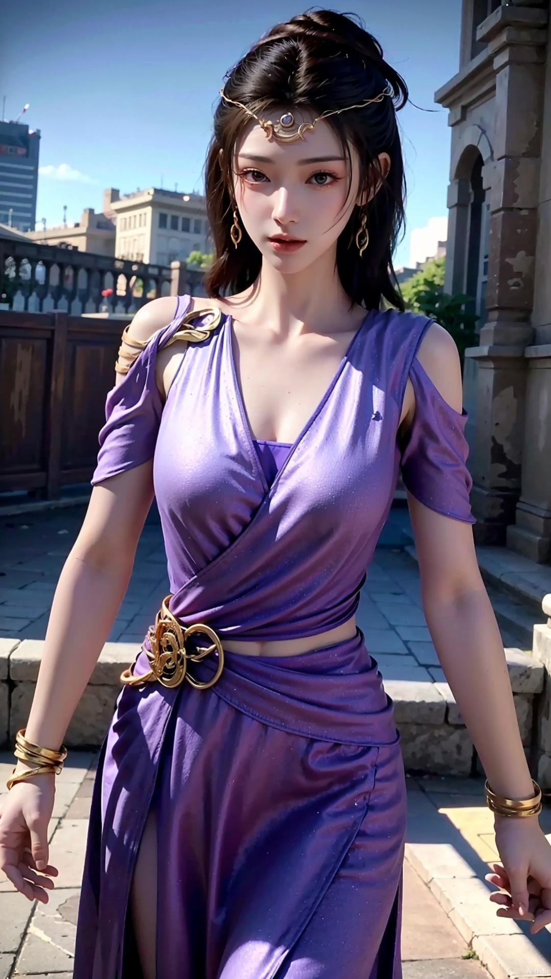  masterpiece,best quality,1girl, jewelry, solo, earrings, dress, bracelet, black hair, purple dress, long hair, grey eyes, cowboy shot, dynamic pose, dynamic angle,