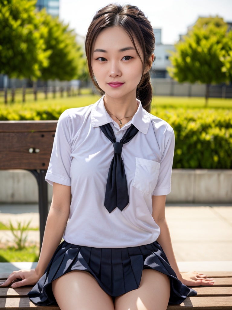  blurry, blurry_foreground, depth_of_field, blurry_background, motion_blur, photo_\(medium\), school_uniform, 3d, skirt, twintails, cosplay_photo, 1girl, skirt_lift, bench, bokeh, serafuku, solo, blur_censor, clothes_lift, brown_hair, looking_at_viewer, outdoors, jewelry, sitting, lifted_by_self, brown_eyes, neckerchief, dutch_angle, necklace, park, xiaotong, lele