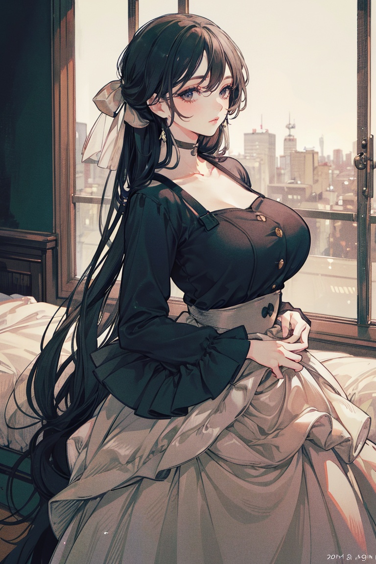 best quality, masterpiece, ultra high res,1girl, big breast, looking at viewer,pure color background, a beautiful woman wearing a black dress by Prada,the woman has long flowing hair and is posing with elegance,the dress is a classic style with a fitted bodice and a full skirt,the fabric is smooth and luxurious,the woman is standing in a sleek modern room with a backdrop of a cityscape at dusk,the atmosphere is sophisticated and serene,the lighting is soft and warm,the composition features a tastefully blurred cityscape in the background and the woman in sharp focus in the foreground,the camera angle is slightly above the woman,giving a sense of grandeur and importance,the woman’s expression is serene and confident,the overall image conveys a sense of glamour and refinement., YHM style