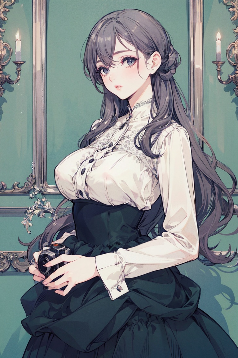 best quality, masterpiece, ultra high res,1girl, big breast, looking at viewer,pure color background, a beautiful woman wearing a black dress by Prada,the woman has long flowing hair and is posing with elegance,the dress is a classic style with a fitted bodice and a full skirt,the fabric is smooth and luxurious,the woman is standing in a sleek modern room with a backdrop of a cityscape at dusk,the atmosphere is sophisticated and serene,the lighting is soft and warm,the composition features a tastefully blurred cityscape in the background and the woman in sharp focus in the foreground,the camera angle is slightly above the woman,giving a sense of grandeur and importance,the woman’s expression is serene and confident,the overall image conveys a sense of glamour and refinement., YHM style