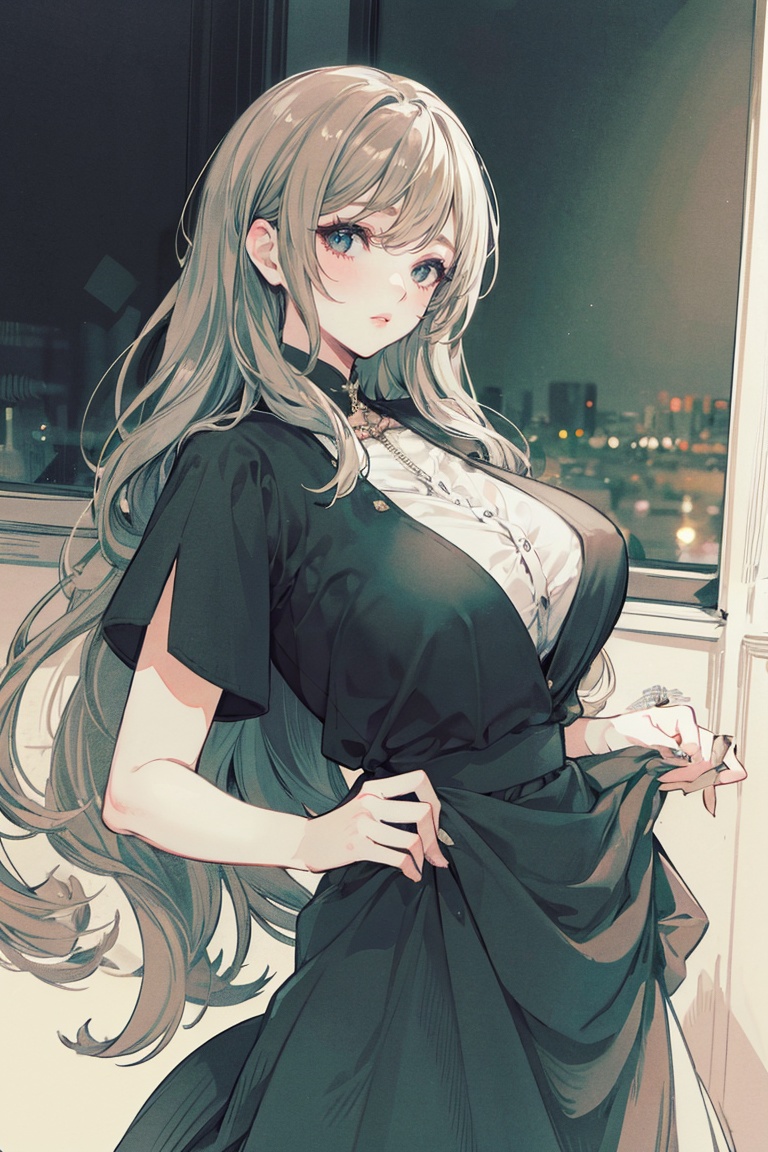 best quality, masterpiece, ultra high res,1girl, big breast, looking at viewer,pure color background, a beautiful woman wearing a black dress by Prada,the woman has long flowing hair and is posing with elegance,the dress is a classic style with a fitted bodice and a full skirt,the fabric is smooth and luxurious,the woman is standing in a sleek modern room with a backdrop of a cityscape at dusk,the atmosphere is sophisticated and serene,the lighting is soft and warm,the composition features a tastefully blurred cityscape in the background and the woman in sharp focus in the foreground,the camera angle is slightly above the woman,giving a sense of grandeur and importance,the woman’s expression is serene and confident,the overall image conveys a sense of glamour and refinement., YHM style