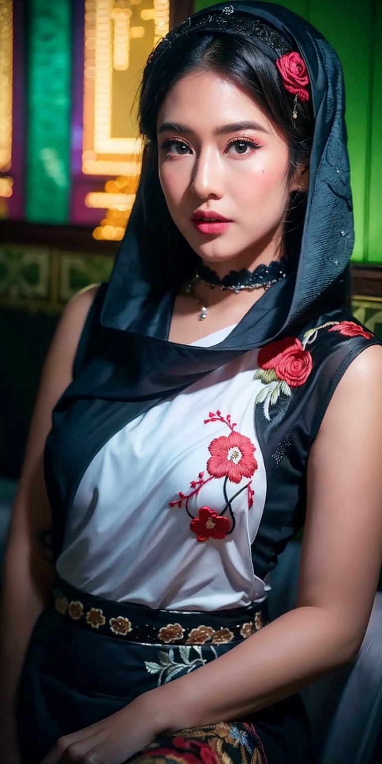 Portrait of a beautiful Indonesian hijab bride,  adorable cute chubby face details with bold flawless ghotic makeup,  wear...