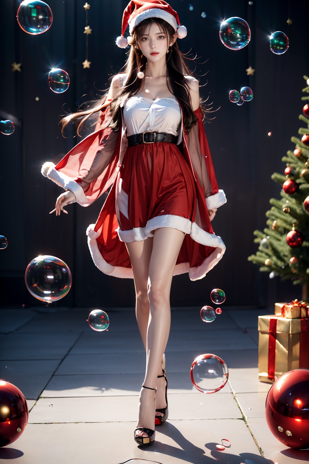  1girl,Christmas decorations, Christmas hats, (Christmas trees),air bubble,(Many bubbles:1.3),(water drop),balls,High heels, walking,