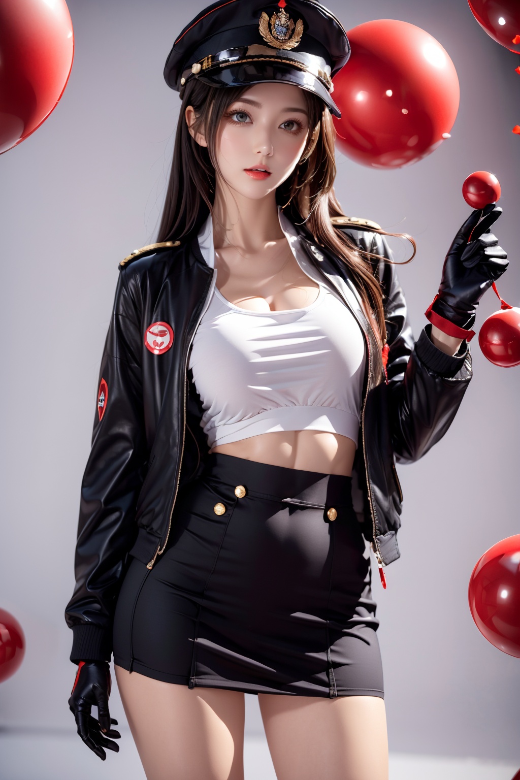  1girl,Jackets, mini skirts, thighs, standing,balls,There are many red balls in the air,red balls,Gloves, military caps, badges,